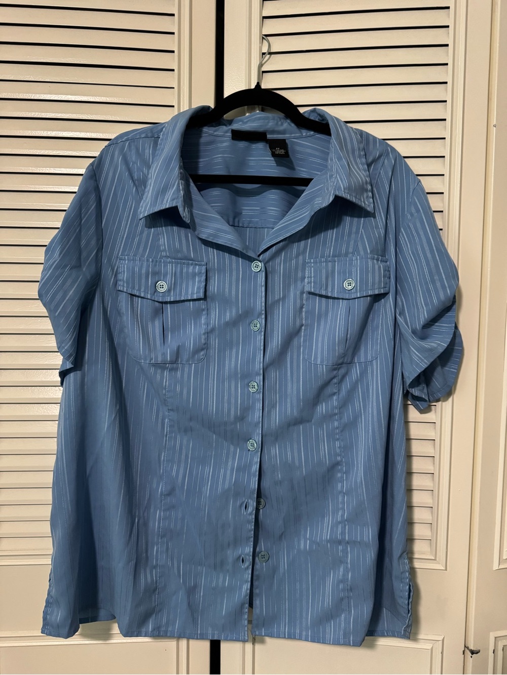 Maggie Barnes Light Blue Pinstripe Short Sleeve Button-Up Blouse
